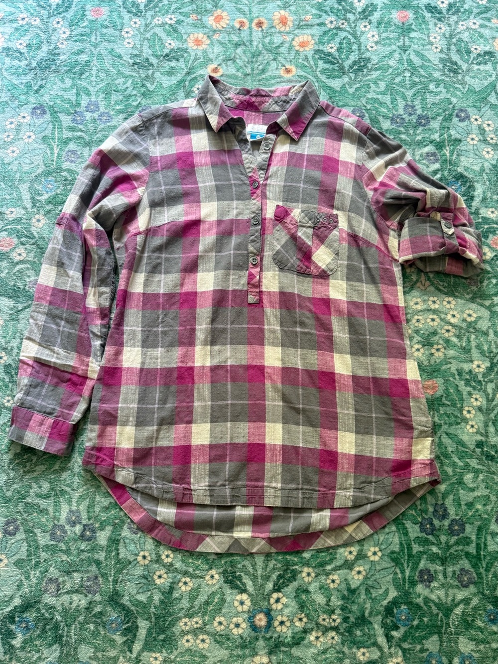 Columbia PFG Plaid Half Button Tunic in Gray and Fuchsia